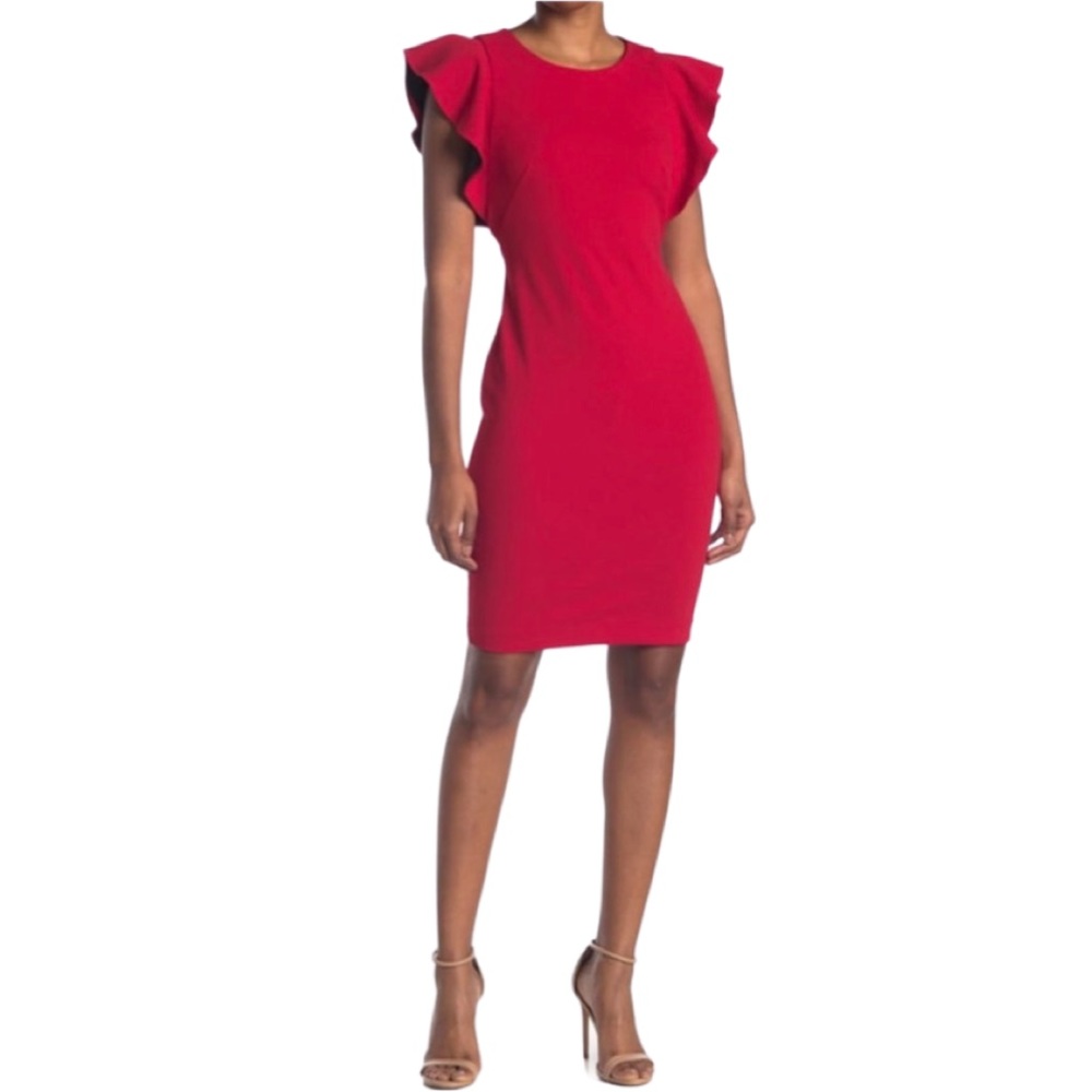 Calvin Klein Sz 10 Red Ruffle Sleeve Sheath Dress